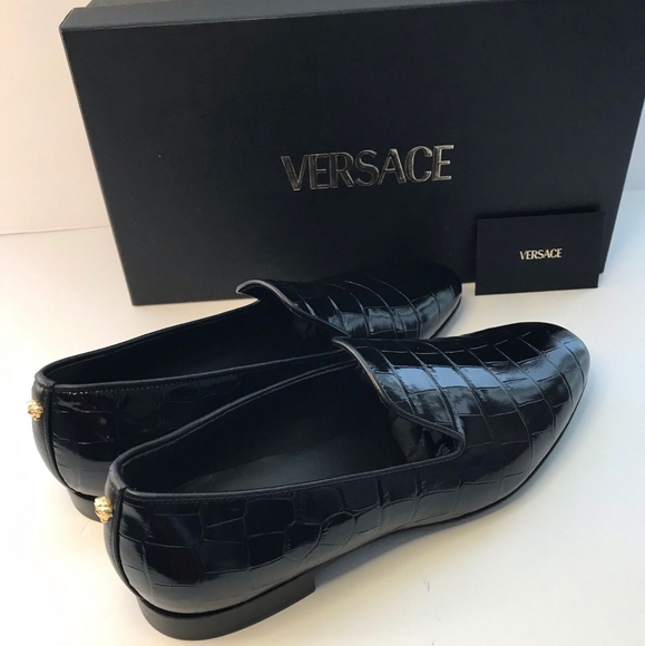 New Original Versace Men Croc Embossed Calfskin Smoking Slipper - Picture 10 of 12